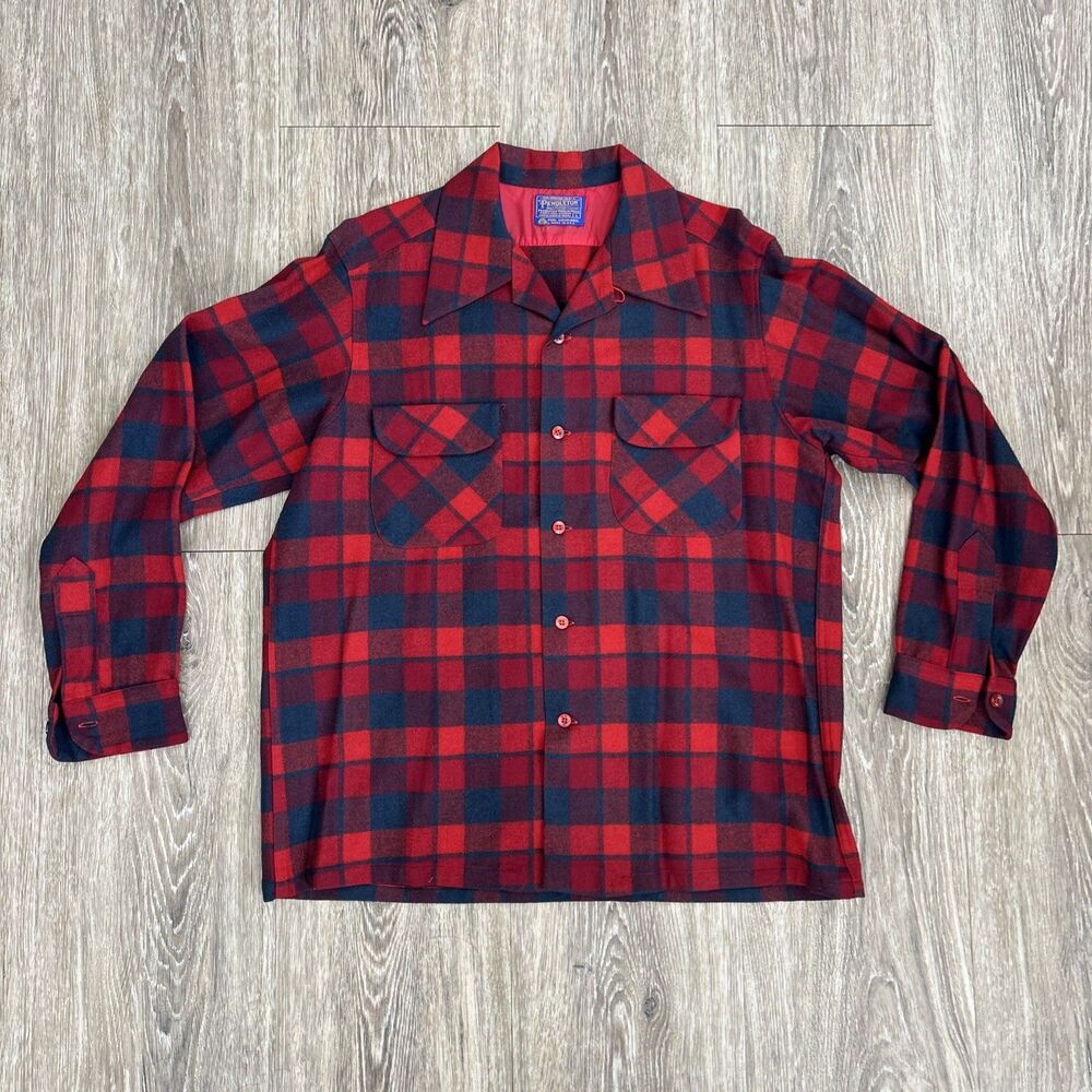 Vintage Pendleton Board Shirt Flannel Men's Large Red Plaid Loop Collar 60s
